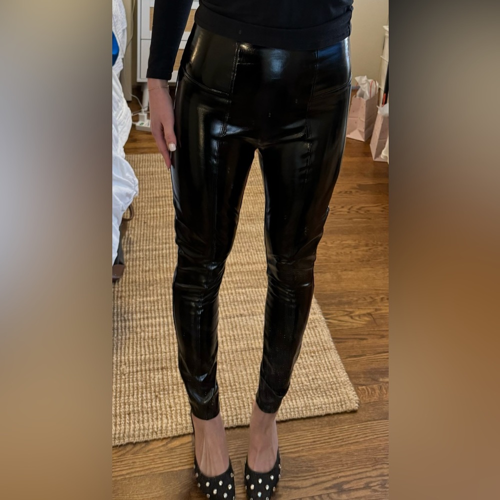 SPANX black faux leather patent leggings